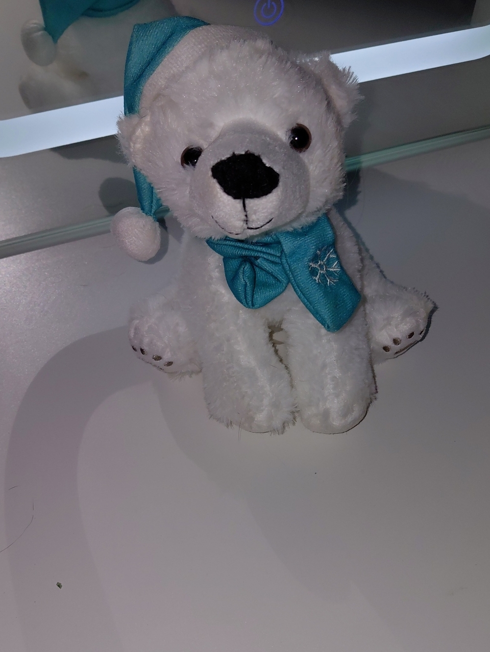White Plush Polar Bear with Blue Hat & Scarf